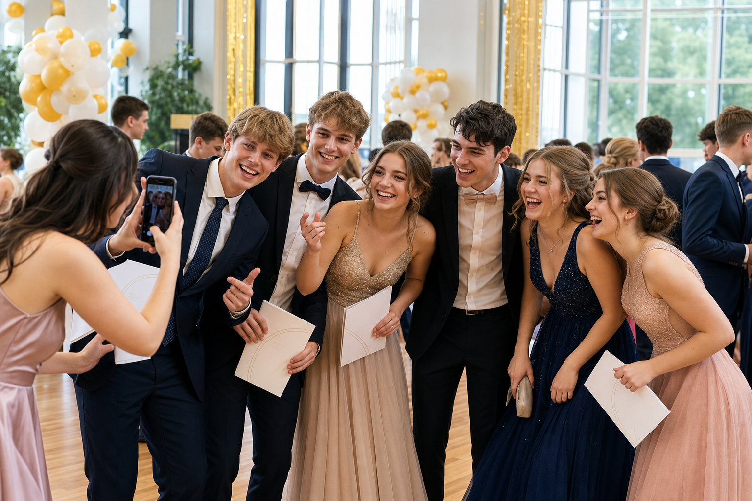 Abiturientinnen und Abiturienten feiern elegant gekleidet ihren hellen Abiball