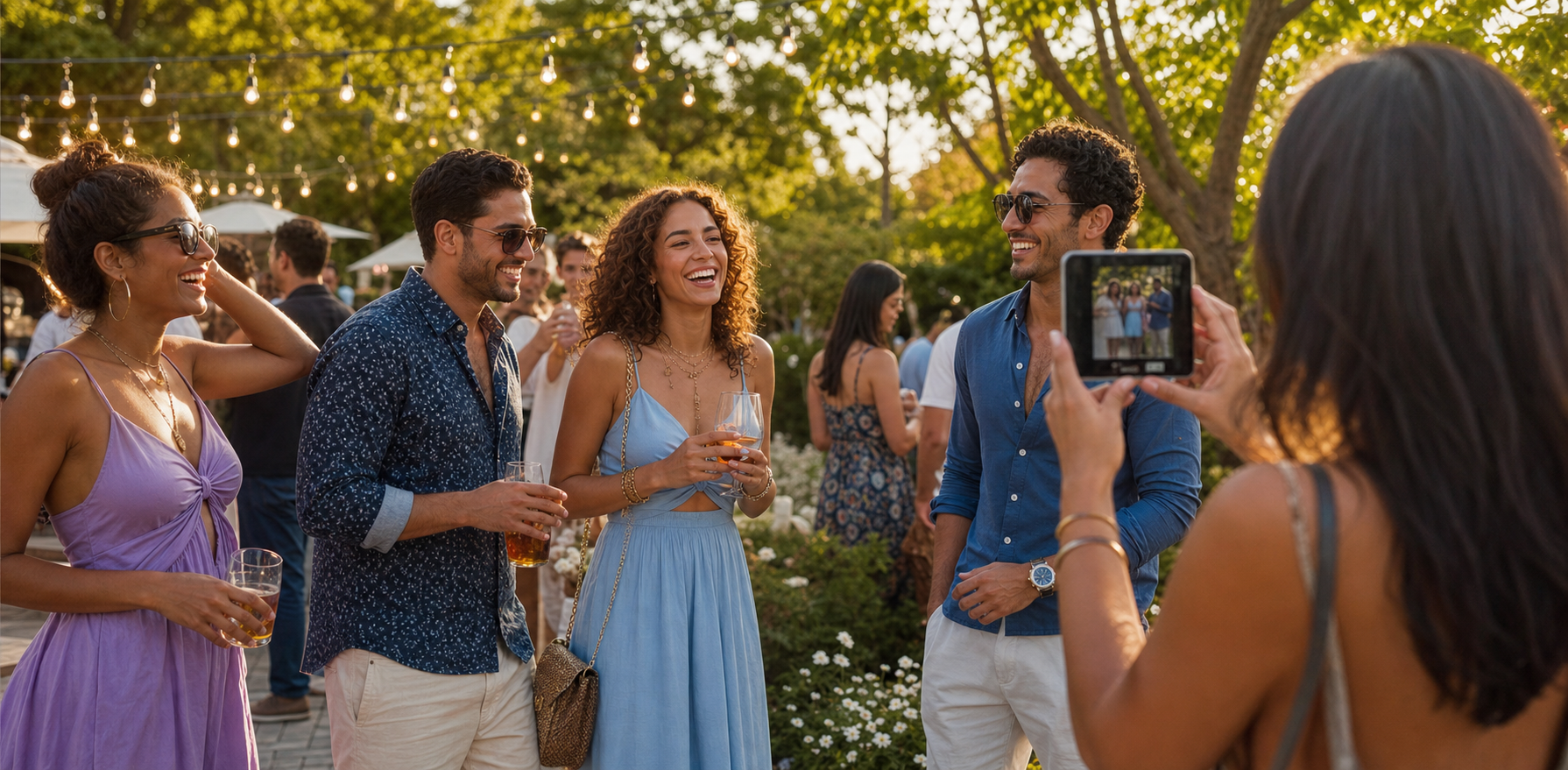 Freunde fotografieren sich bei einem Fest im Freien