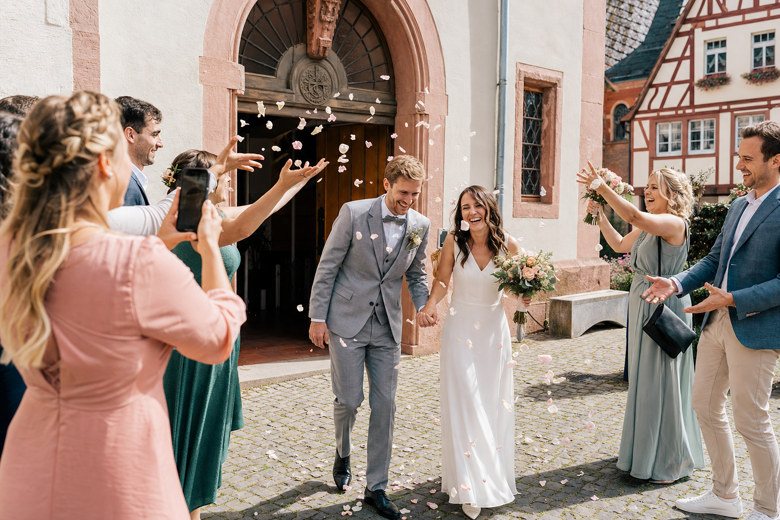 Ein Hochzeitspaar verlässt lachend ein deutsches Standesamt, während Gäste Blüten werfen und fotografieren